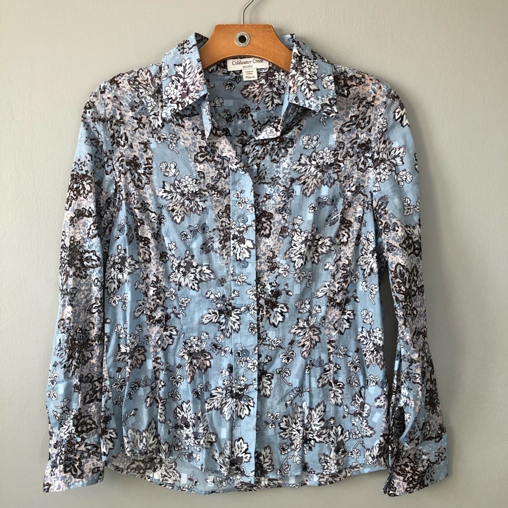 Floral Coldwater Creek Blue/Brown Button Down SP